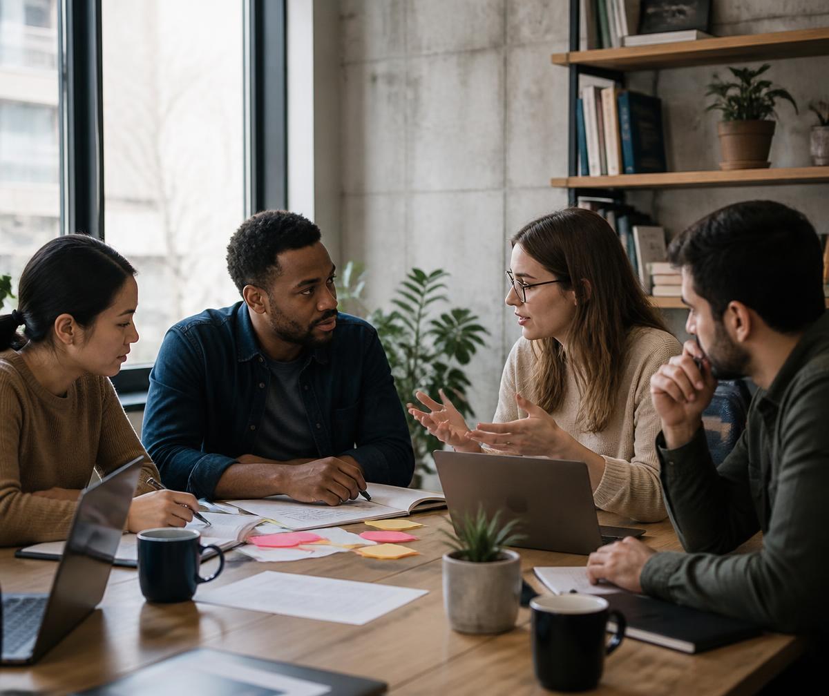 Early-stage team working together around a shared table