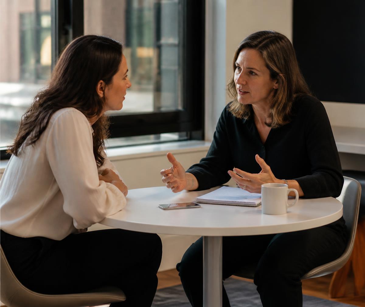 Two leaders in a welcoming one-on-one conversation